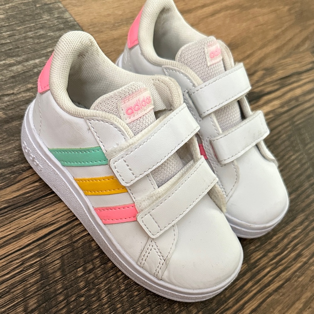Adidas Kids' Sneakers with Pink, Yellow, and Green Accents